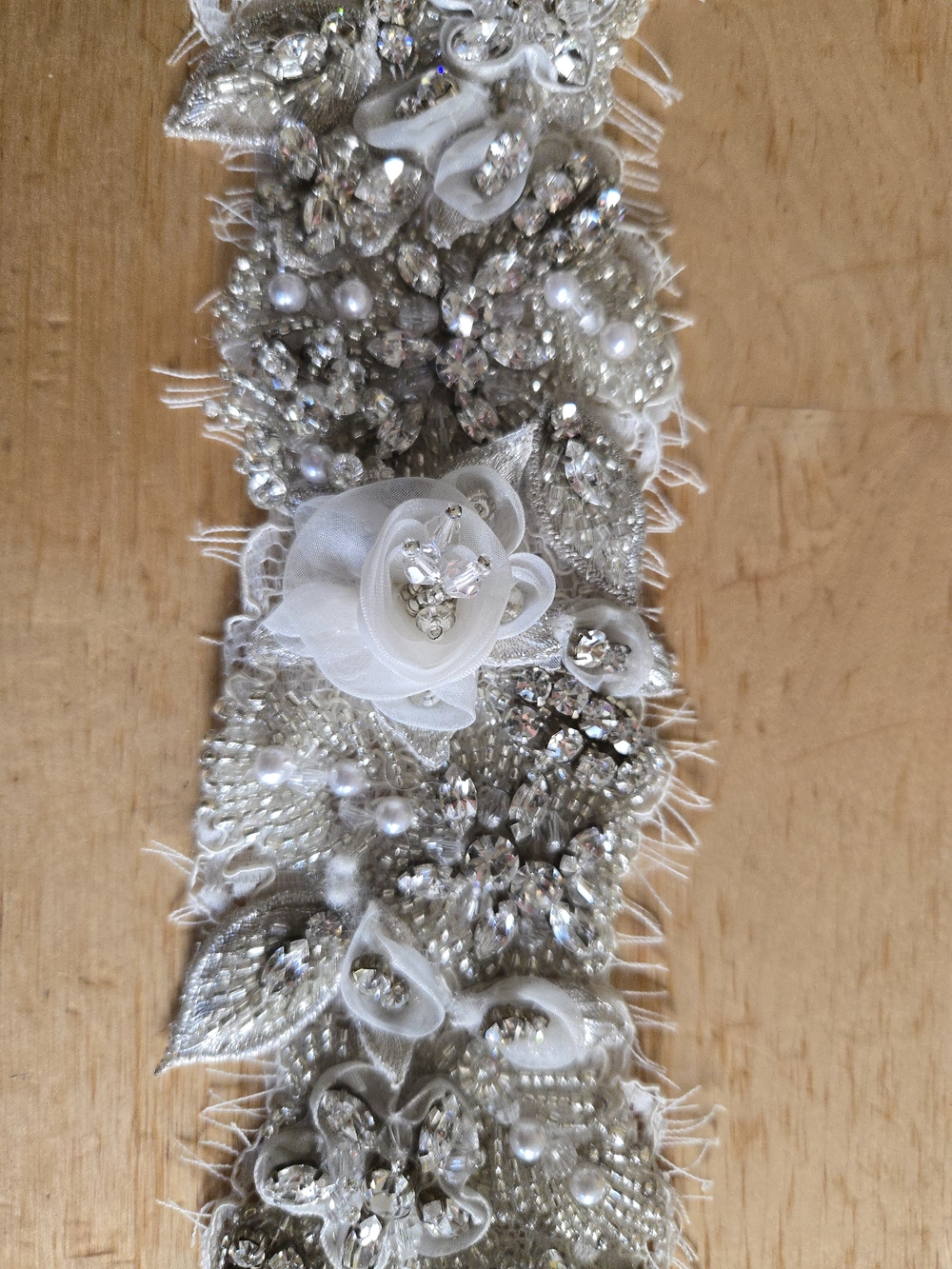BHLDN Silver and White Beaded Floral Bridal Sash